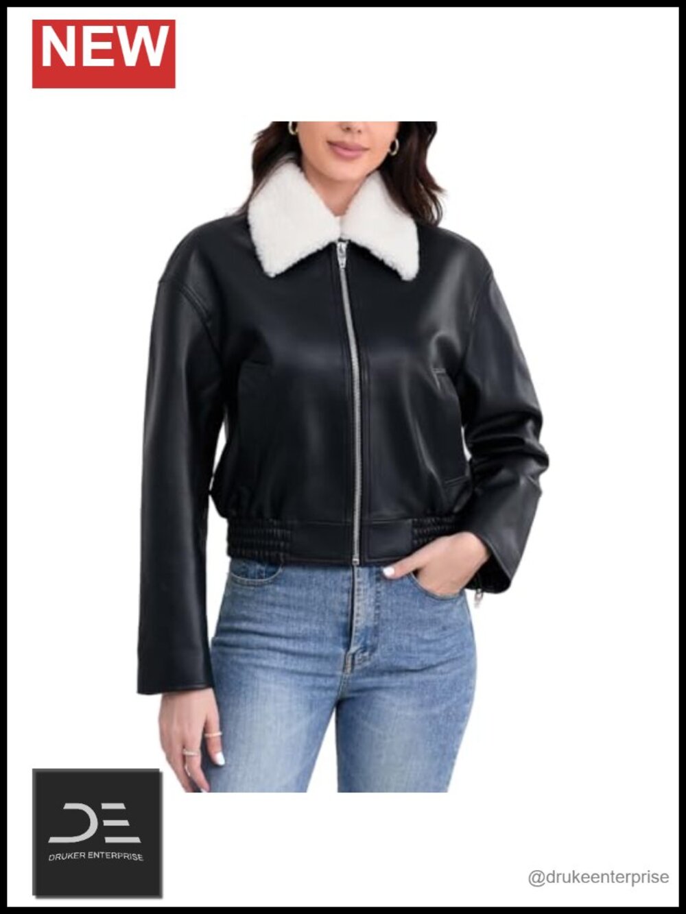 Cropped Leather Bomber Jacket Removable Faux Fur Collar Oversized Winter Outwear